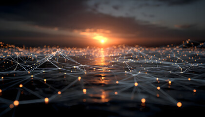 Digital network grid structure with glowing interconnected points and sunrise reflection, symbolizing advanced connectivity in modern technology and innovation