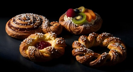 Assortment of Sweet Danish Pastries with Fruit and Pearl Sugar