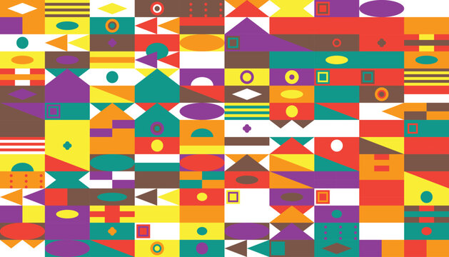 Abstract geometric pattern featuring a vibrant and colorful array of shapes and forms in a playful composition
