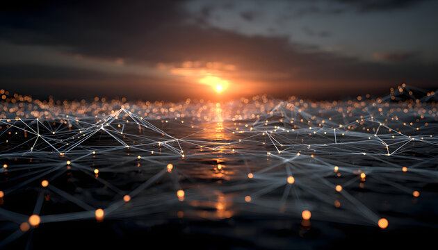 Digital network grid structure with glowing interconnected points and sunrise reflection, symbolizing advanced connectivity in modern technology and innovation