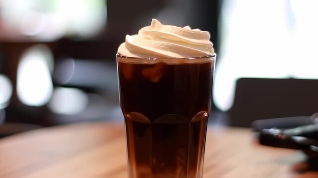 Iced Coffee with Whipped Cream on Wooden Table: Perfect summer drink