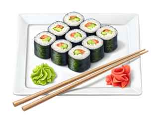 Watercolor Sushi rolls with wasabi and ginger isolated on a transparent background