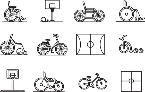 A thin black linear icon set representing wheelchair sports. racing wheelchair, wheelchair basketball hoop, adaptive bike, boccia ball set, handcycle, and court boundaries. Vector illustration