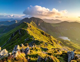 Majestic view of a mountain range with golden sunlight illuminating the peaks and valleys