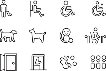 A unified black outline vector icon set for inclusive public spaces. Accessible restroom, companion care symbol, quiet zone room, service animal badge, sensory-friendly area, and priority queue marker