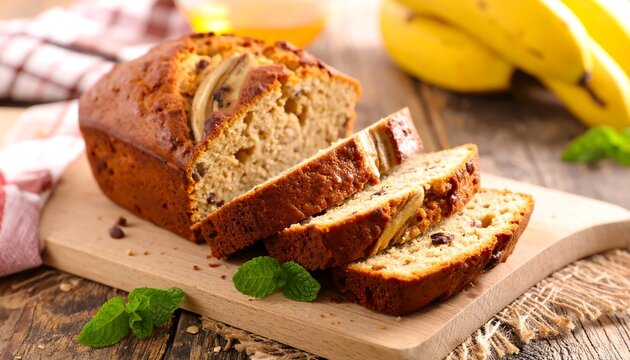Sliced banana bread on a wooden board, garnished with mint and bananas, on a rustic surface