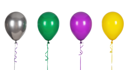 Four glossy, individual party helium balloons in silver, dark green, purple, and yellow, each with a distinct string, perfectly isolated on a transparent background. Festive celebration concept