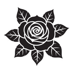 Elegant silhouette of a blooming rose surrounded by leaves against white background