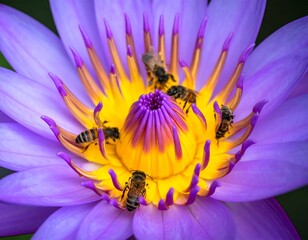 Macro shot of a vibrant purple and yellow lotus flower with bees gathering nectar