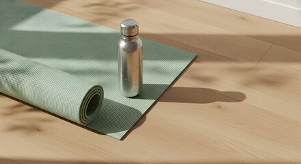 Green yoga mat and silver water bottle on light wooden floor with natural light, ready for a healthy lifestyle concept and new year new me fitness journey