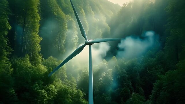 Wind Turbine Rotating in Lush Green Forest with Sunlight Shining Through Canopy - Powered by Adobe
