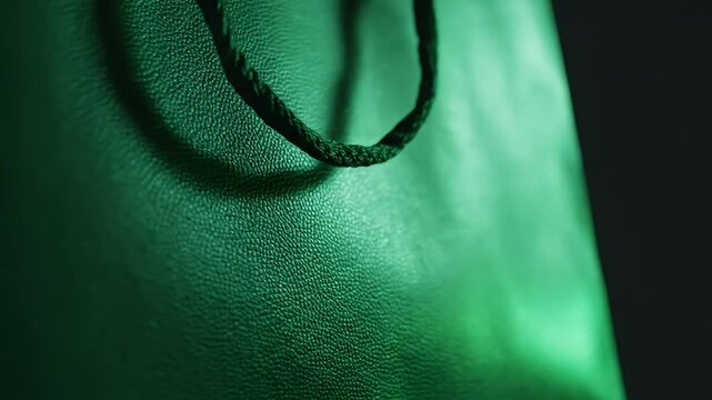 Close up of a green paper shopping bag with rope handles.