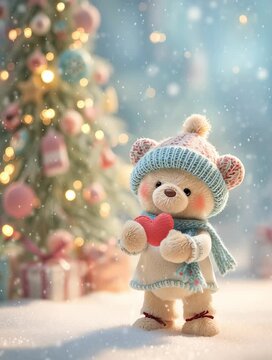 Un adorable osito de peluche envuelto en un gorro y bufanda, sosteniendo un coraz&oacute;n rojo frente a un &aacute;rbol de Navidad nevado.