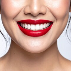 Fototapeta premium Radiant Smile with Bright Red Lipstick Professional Studio Beauty Shot for Dental or Makeup Advertising and Promotion.
