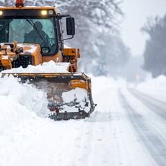 Snowplow Clearing Road in Winter Landscape Removing Snow from Asphalt for Safe Travel Winter Weather Equipment.