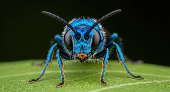 Iridescent blue wasp macro photography close-up detailed insect portrait