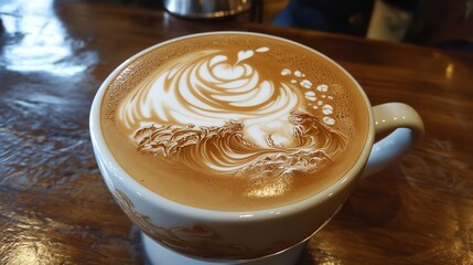Closeup of a delicious latte with intricate foam art, served in a white mug on a wooden table