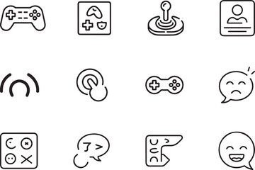 A consistent soft-line icon set for adaptive gaming. One handed controller, accessibility game menu, adaptive joystick, haptic feedback glove, voice command gaming, and inclusive multiplayer vector