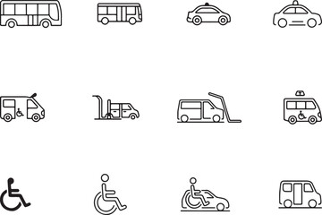 A minimal linear icon set showing accessible transportation. Low-floor bus, wheelchair taxi, priority seating badge, lift-equipped van, vehicle ramp, and paratransit vector illustration symbol