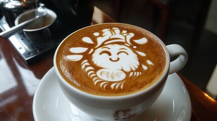 Closeup of a delicious latte with cute cartoon character art on top, served in a white cup and saucer
