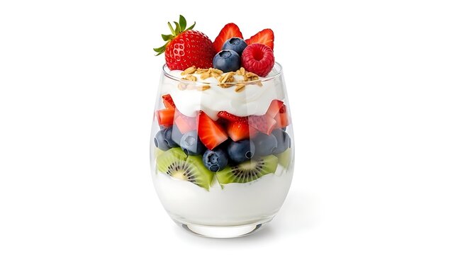 Healthy fruit and yogurt parfait with granola and mixed berries, isolated on white.