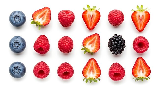 Fresh vibrant assortment of berries: blueberries, strawberries, raspberries, and blackberry. - Powered by Adobe