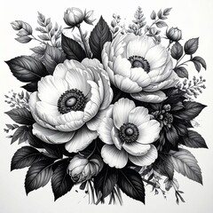 Fototapeta premium Elegant monochrome floral bouquet illustration for invitations and designs romantic botanical drawing detailed black and white.