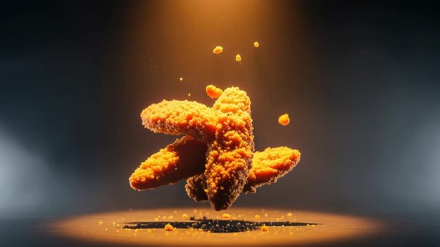 Crispy fried chicken tenders or nuggets floating dramatically under warm spotlight with crumbs, 4k video