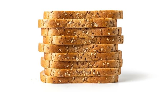 Stack of freshly baked whole-grain bread slices with various seeds on white background.