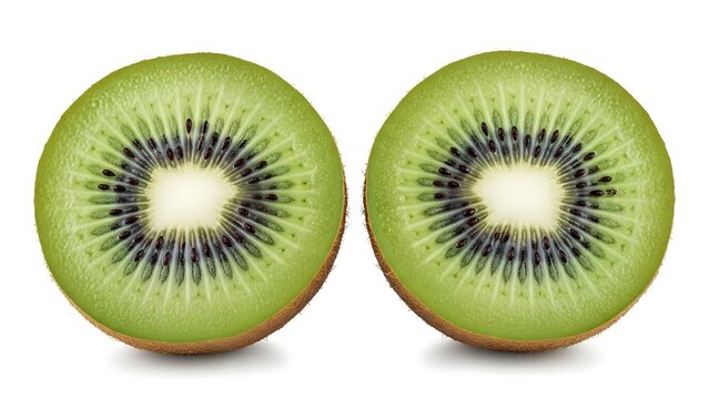 Cross-section of two fresh green kiwi fruits, showcasing vibrant pulp and tiny black seeds.