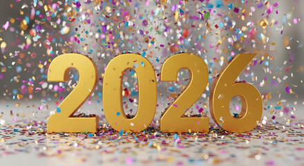 Gold 2026 Numbers with Falling Confetti Celebration
