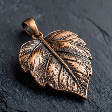 Copper Leaf Pendant on Dark Stone Texture Elegant Nature Inspired Jewelry Accessory Close Up.