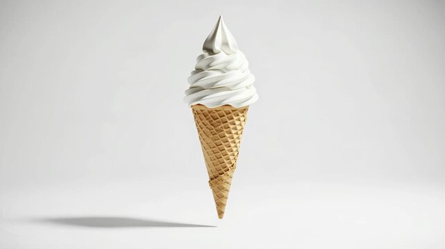 Classic vanilla soft serve ice cream cone floating against a clean, bright white background, 4k video