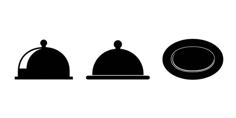 Obraz premium Three black silhouettes of two restaurant cloches and one oval plate icon on white