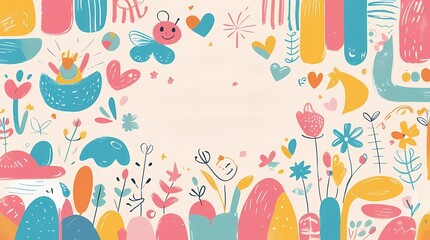 Colorful floral background with hearts and bee illustration for kids and children designs and art projects