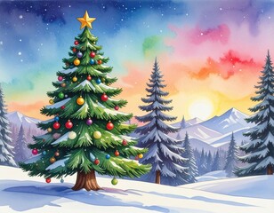 Obraz premium Christmas Watercolor Illustration of Snowy Landscape with Christmas Trees and Colorful Sunset or Sunrise Sky.