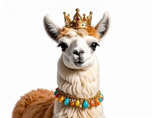 Obraz premium Majestic Llama with Crown and Jewelry on White Background for Creative Concepts.