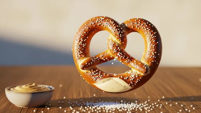 Soft pretzel sprinkled with salt floating above a wooden table with a small bowl of mustard, 4k video