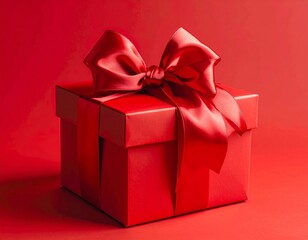 Obraz premium Elegant red gift box with satin ribbon and bow perfect for holidays celebrations and special occasions.