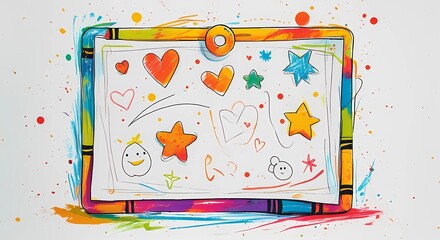 Colorful crayon drawing of hearts stars and faces on a white background with paint splatter art design