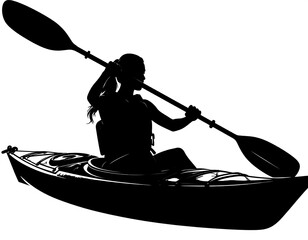 Silhouette of a person kayaking with a paddle on white background