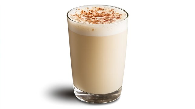 A tall glass of creamy eggnog topped with cinnamon, isolated on white background