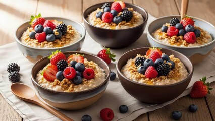 Five bowls of delicious oatmeal topped with fresh berries and nuts isolated on white background