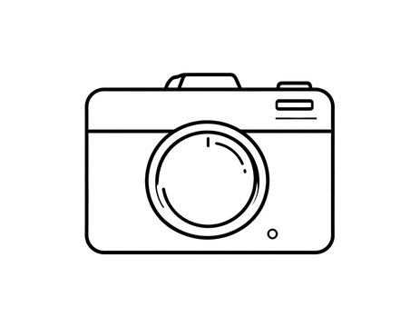 Simple, monochrome vector illustration depicting a digital camera