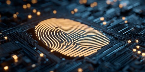 Glowing fingerprint on a circuit board signifies digital security.