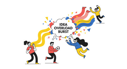 Idea Overload Burst: Flat Design Illustration of Excitement and Creative Energy Explosion with People Reacting