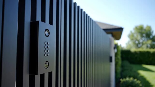 Modern black intercom system on slatted gate with keypad outdoor security smart home technology entrance device