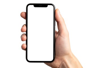 Hand holding a modern smartphone with a blank, white screen