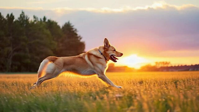 Golden hour dog running meadow sunset backlit happy energetic canine freedom joy nature outdoors