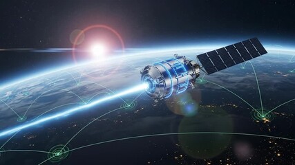 Advanced Satellite Transmitting Data Beam Over Earth With Glowing Network Connections And Sunrise Glow In Deep Space